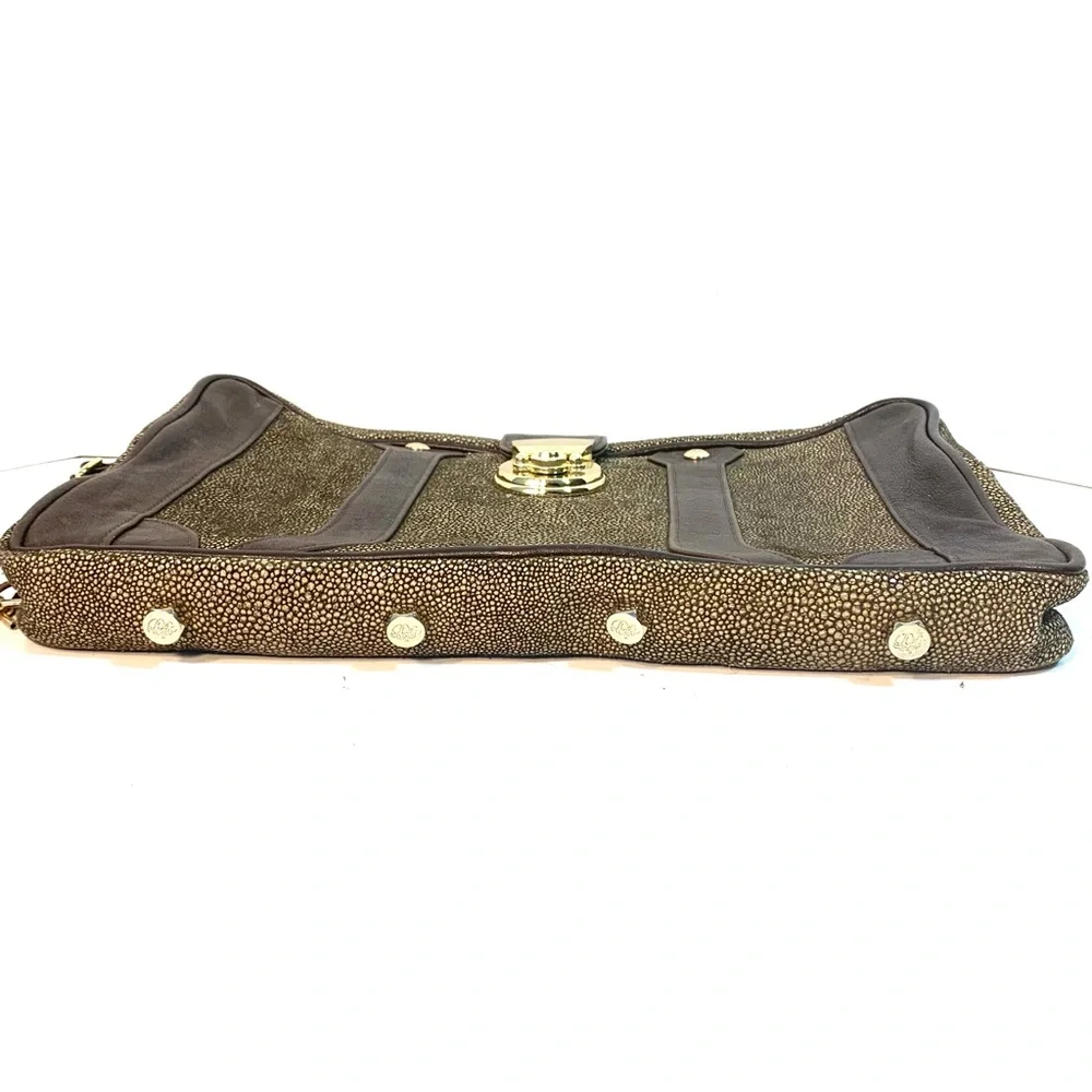 REBECCA MINKOFF Laptop Tablet Business Clutch Case Brown & Metallic Leather